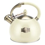 3.0L Retro Stainless Steel Whistling Kettle With Oval Center Copper Badge, Anti-Scald Soft Grip Handle, Cream White