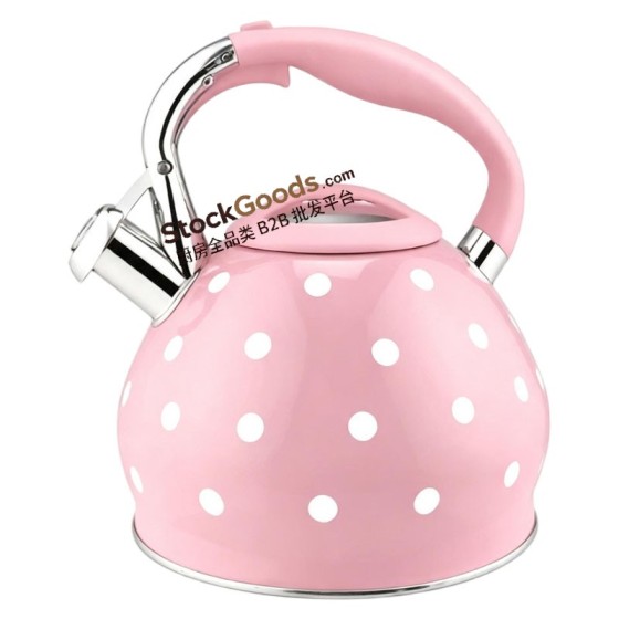 3.0L Polka Dot Stainless Steel Whistling Kettle, Pink with White Dots
