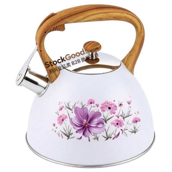 3.0L Whistling Kettle with Wood Grain Handle, White with Purple Flower Decal