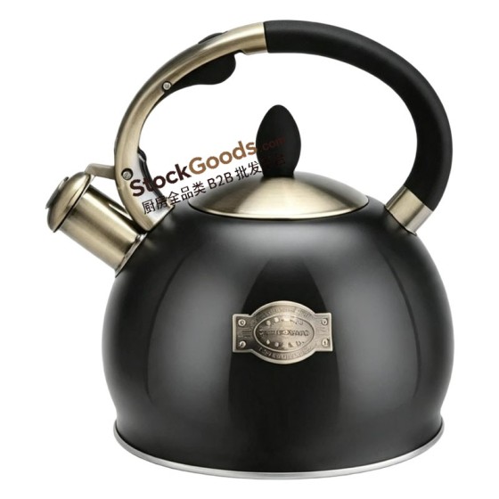 3.0L Retro Stainless Steel Whistling Kettle With Oval Center Copper Badge, Anti-Scald Soft Grip Handle, Black
