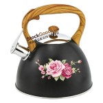 3.0L Whistling Kettle with Wood Grain Handle, Black with Pink Rose Decal