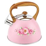 3.0L Whistling Kettle with Wood Grain Handle, Pink with Pink Rose Decal