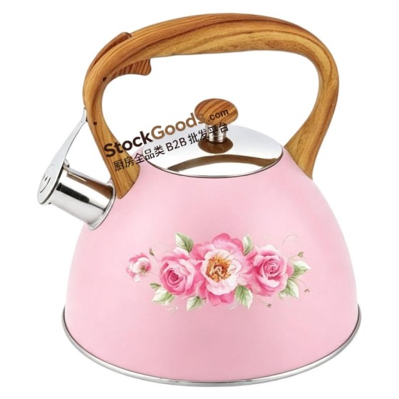 3.0L Whistling Kettle with Wood Grain Handle, Pink with Pink Rose Decal