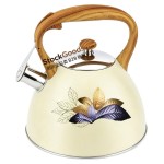 3.0L Whistling Kettle with Wood Grain Handle, Cream with Golden Leaf Decal