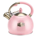 3.0L Retro Stainless Steel Whistling Kettle With Oval Center Copper Badge, Anti-Scald Soft Grip Handle, Pink