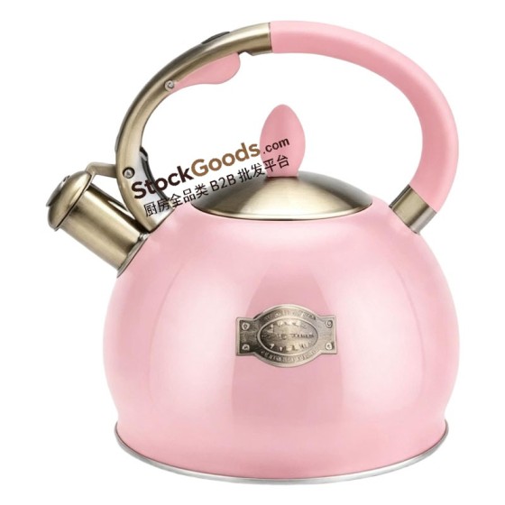 3.0L Retro Stainless Steel Whistling Kettle With Oval Center Copper Badge, Anti-Scald Soft Grip Handle, Pink