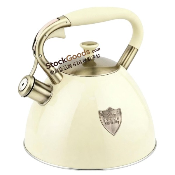 3.0L Retro Stainless Steel Whistling Kettle With Shield Metal Badge, Anti-Scald Soft Grip Handle, Cream White