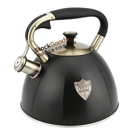 3.0L Retro Stainless Steel Whistling Kettle With Shield Metal Badge, Anti-Scald Soft Grip Handle, Black
