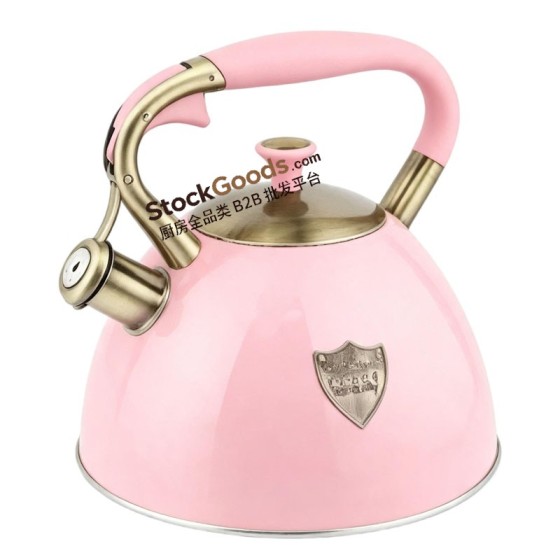 3.0L Retro Stainless Steel Whistling Kettle With Shield Metal Badge, Anti-Scald Soft Grip Handle, Pink
