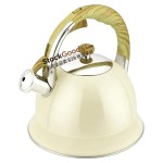 3.0L Pumpkin Shape Stainless Steel Whistling Kettle, Wood Grain Heat Resistant Handle, Cream White