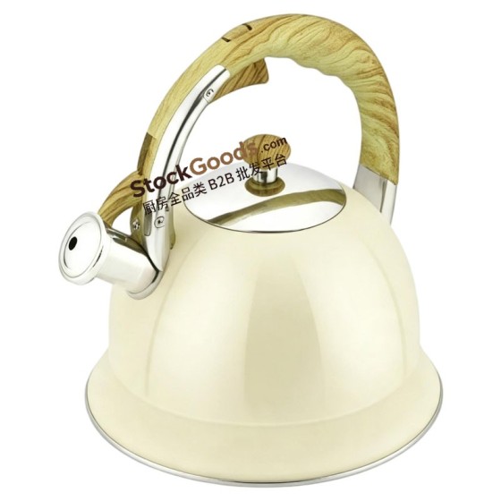 3.0L Pumpkin Shape Stainless Steel Whistling Kettle, Wood Grain Heat Resistant Handle, Cream White