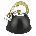3.0L Pumpkin Shape Stainless Steel Whistling Kettle, Wood Grain Heat Resistant Handle, Black
