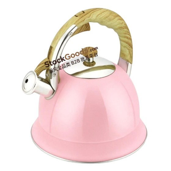 3.0L Pumpkin Shape Stainless Steel Whistling Kettle, Wood Grain Heat Resistant Handle, Pink