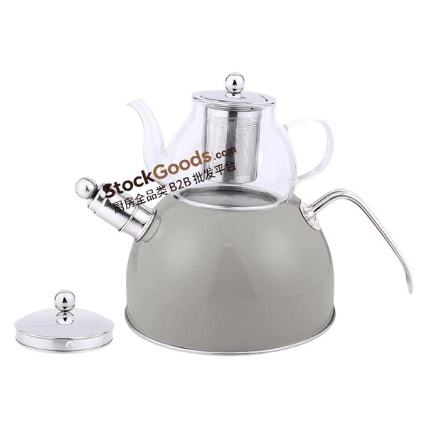3.0L Stainless Steel Kettle & 0.6L Glass Teapot Set with Infuser, Grey