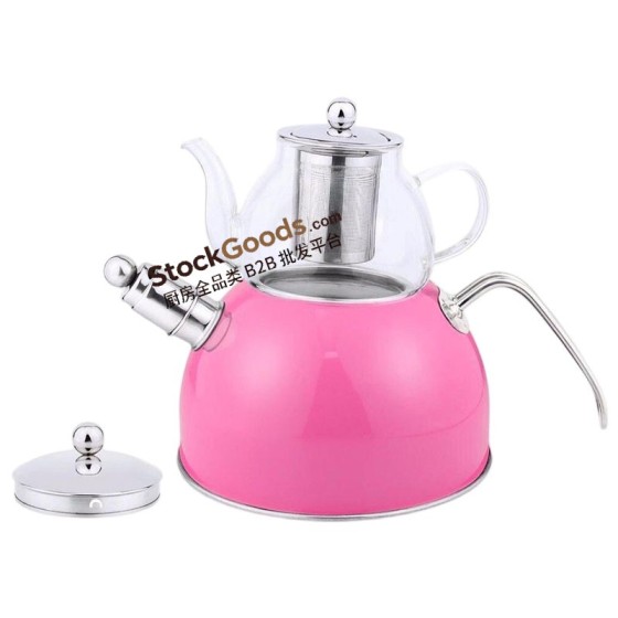 3.0L Stainless Steel Kettle & 0.6L Glass Teapot Set with Infuser, Hot Pink