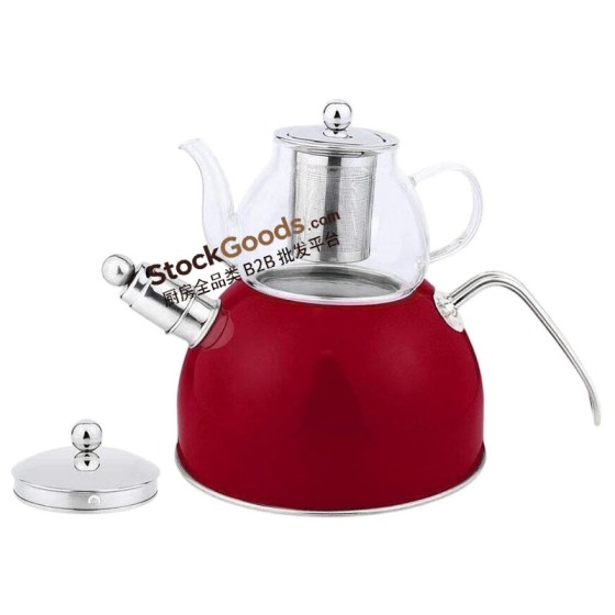 3.0L Stainless Steel Kettle & 0.6L Glass Teapot Set with Infuser, Bright Red