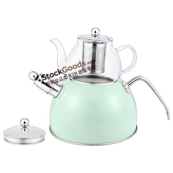 3.0L Stainless Steel Kettle & 0.6L Glass Teapot Set with Infuser, Mint Green