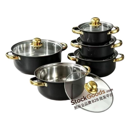 Black 5‑Piece 16‑24cm Stainless Steel Pot Set, Golden Handle & Golden Knob, Glass Lid Soup Pot