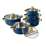 Dark Blue 5-Piece 18-26cm Stainless Steel Pot Set, Golden Handle & Golden Knob, Glass Lid Soup Pot