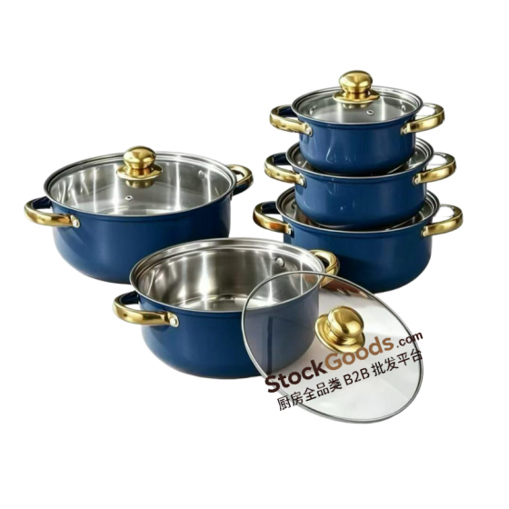 Dark Blue 5‑Piece 16‑24cm Stainless Steel Pot Set, Golden Handle & Golden Knob, Glass Lid Soup Pot