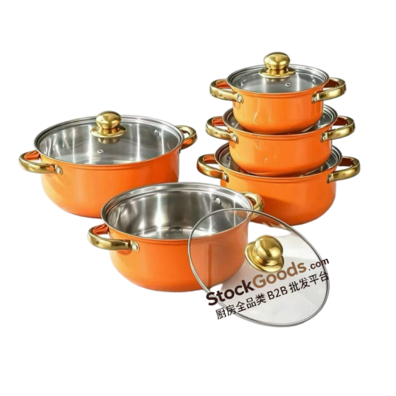 Orange 5‑Piece 16‑24cm Stainless Steel Pot Set, Golden Handle & Golden Knob, Glass Lid Soup Pot