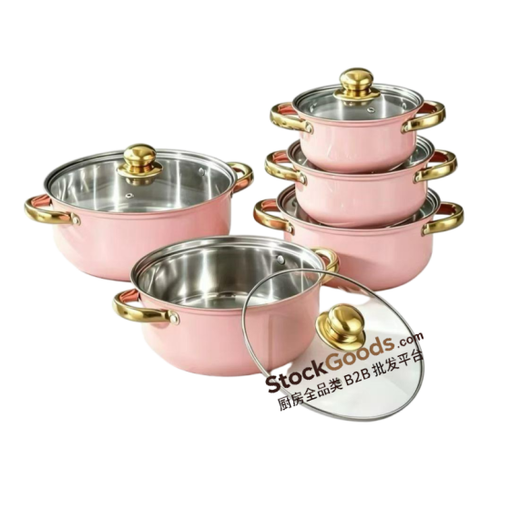 Pink 5‑Piece 16‑24cm Stainless Steel Pot Set, Golden Handle & Golden Knob, Glass Lid Soup Pot