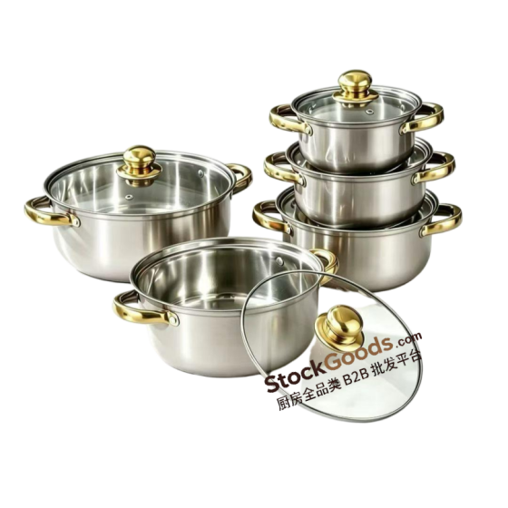 Silver 5‑Piece 16‑24cm Stainless Steel Pot Set, Golden Handle & Golden Knob, Glass Lid Soup Pot