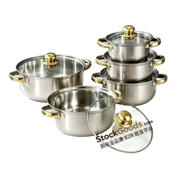 Silver 5‑Piece 16‑24cm Stainless Steel Pot Set, Golden Handle & Golden Knob, Glass Lid Soup Pot