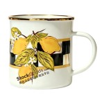 7cm Cream Enamel Mug with Lemon Floral Print, Gold Rim, Common Handles Enamel Coffee Mug