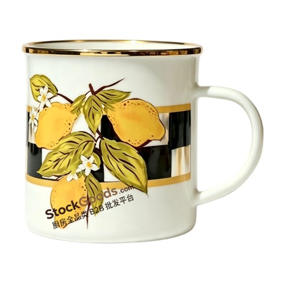 10cm Cream Enamel Mug with Lemon Floral Print, Gold Rim, Common Handles Enamel Coffee Mug