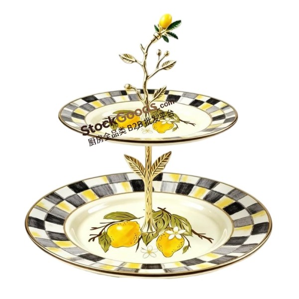 2-Tier Enamel Fruit Tray with Golden Lemon Decoration