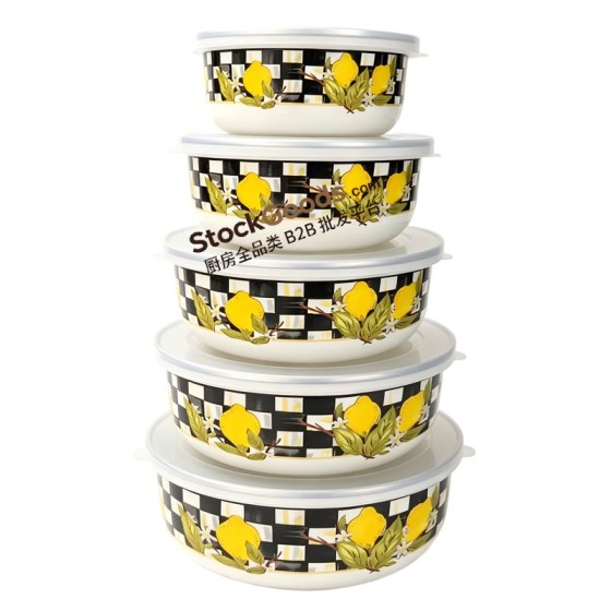 5 Pcs Lemon Plaid Enamel Storage Bowl Set 10/12/14/16/18cm With Sealed Lid
