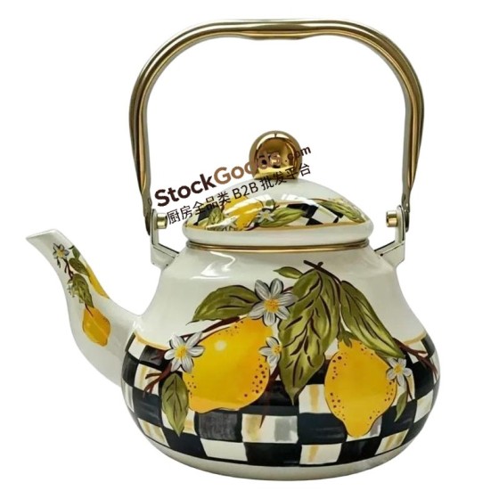 2.5L Large Capacity Lemon Print Enamel Kettle with Golden Rim, Lid Knob & Metal Bail Handle