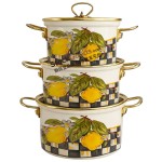 20/22/24cm 3 Pcs High Quality Lemon Decals Enamel Casserole Pot With Golden Rim & Knob Spill-Proof Glass Lid