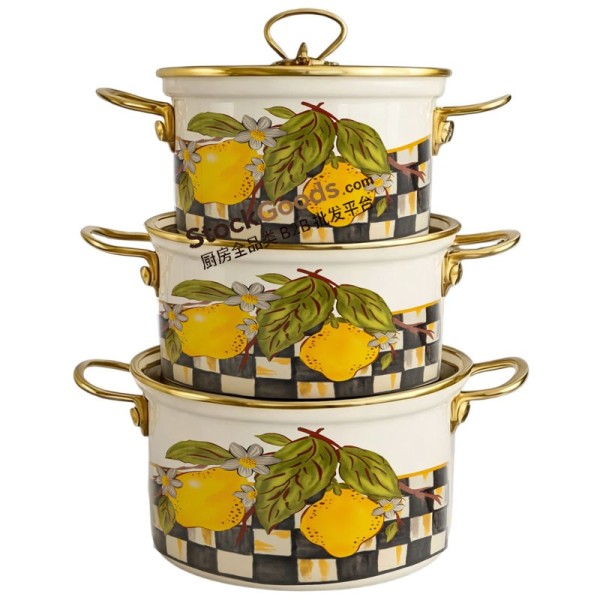 20/22/24cm 3 Pcs High Quality Lemon Decals Enamel Casserole Pot With Golden Rim & Knob Spill-Proof Glass Lid