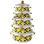 5Pcs Large Size Enamel Casserole Set 16/18/20/22/24cm Lemon Print With Golden Lid Knob & Double Handles