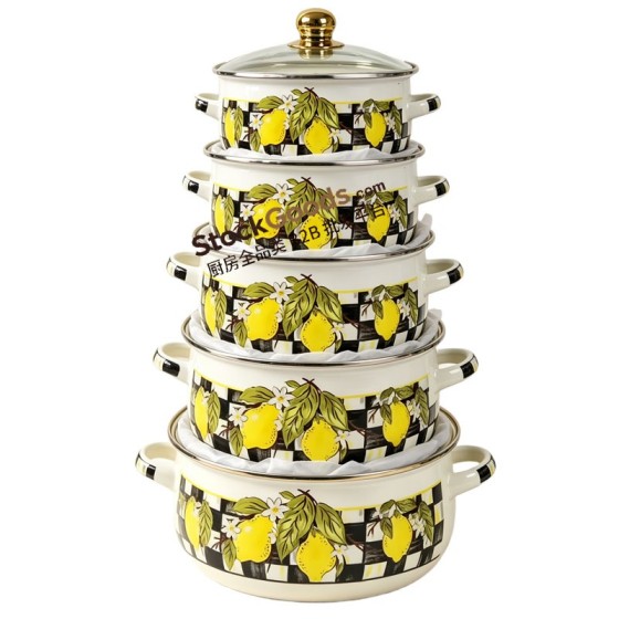 5Pcs Large Size Enamel Casserole Set 16/18/20/22/24cm Lemon Print With Golden Lid Knob & Double Handles