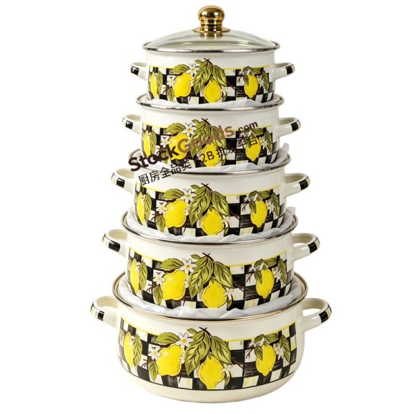 5Pcs Large Size Enamel Casserole Set 16/18/20/22/24cm Lemon Print With Golden Lid Knob & Double Handles