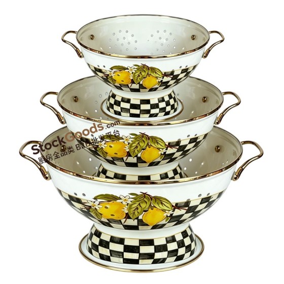 3 Pcs Enamel Colander Set 16/23/28cm Lemon Decoration with Golden Handle and Rim