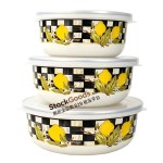 3 Pcs Lemon Pattern Enamel Storage Bowl Set 12/14/16cm With Sealed Plastic Lid
