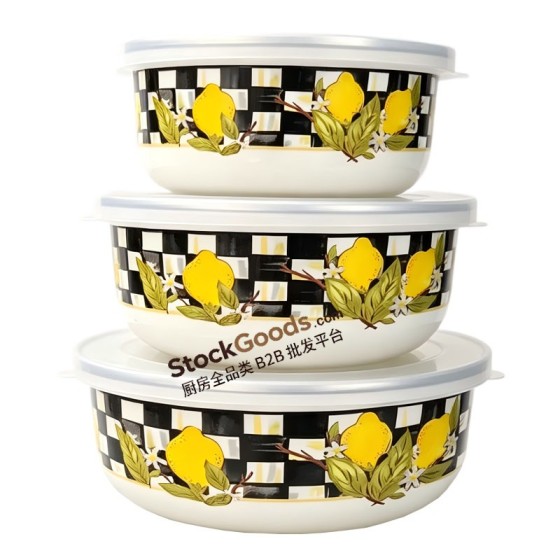 3 Pcs Lemon Print Enamel Storage Bowl Set 14/16/18cm With Sealed Plastic Lid