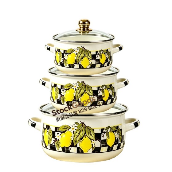 3Pcs Family Extra Large Enamel Casserole Set 20/22/24cm Lemon Pattern With Golden Lid Knob & Double Handles