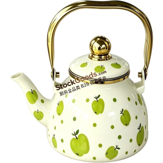 1.2L Flat Bottom Enamel Kettle With Filter,Golden Rim & Knob
