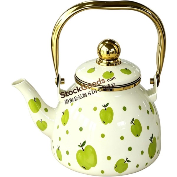 1.2L Flat Bottom Enamel Kettle With Filter,Golden Rim & Knob
