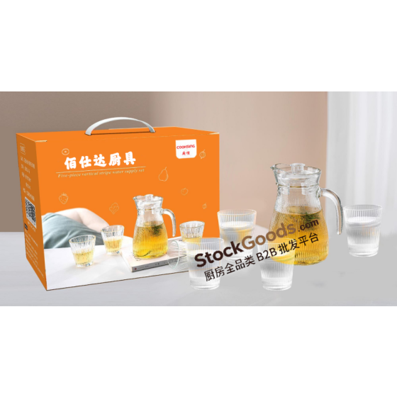1200ml Clear Vertical‑Striped Glass Water Pitcher Set with 4Pcs 220ml Clear Glass Cups, Ordinary Glass Lid, Clear Handle