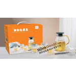 1600ml Clear Vertical‑Striped Glass Water Pitcher Set with 4Pcs 220ml Clear Glass Cups, Dark‑Green Lid, Gold Handle