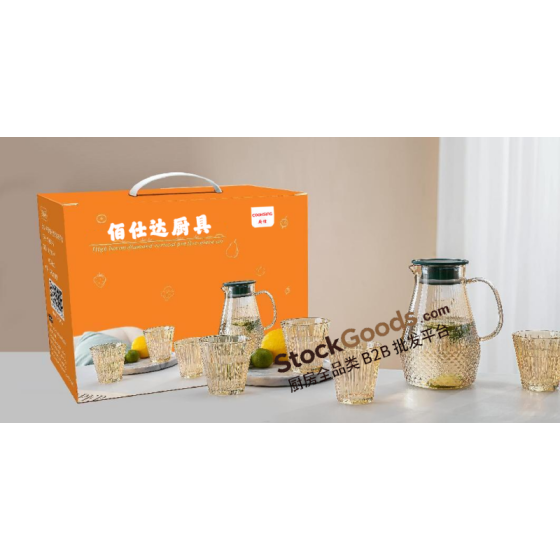1600ml Amber Three Oblique‑Striped Glass Water Pitcher Set with 4Pcs 220ml Amber Glass Cups, Dark‑Green Lid, Amber Handle