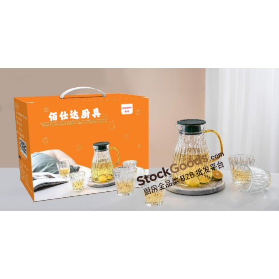 1600ml Clear Three Oblique‑Striped Glass Water Pitcher Set with 4Pcs 220ml Clear Glass Cups, Dark‑Green Lid, Gold Handle