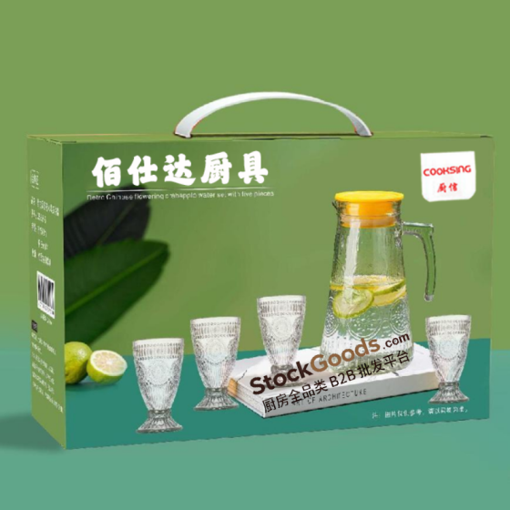 Clear Retro Sun‑Pattern Footed Glass Water Set,1500ml Pitcher +4Pcs 150ml Footed Glass Cups