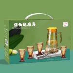Amber Retro Sun‑Pattern Footed Glass Water Set,1500ml Pitcher +4Pcs 150ml Footed Glass Cups